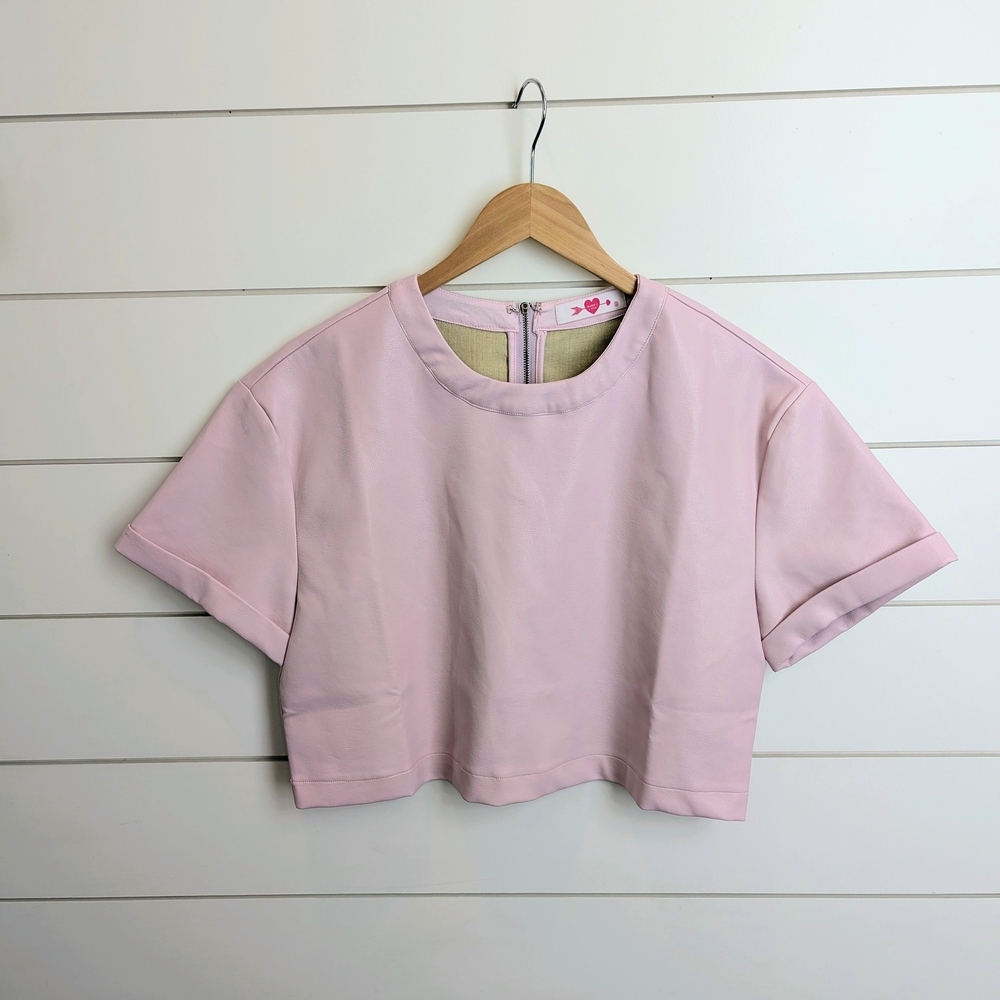 Pink Vegan Leather Crop Top Zip Back Medium Buddy Love - Picture 2 of 5
